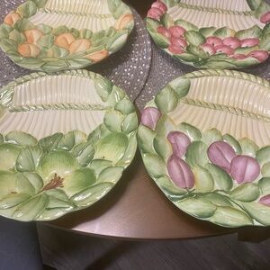 Floral Ceramic Dinner Plates Set - Green and Pink
